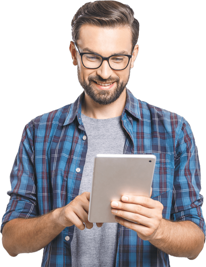 A man with glasses and a beard smiles while using a tablet, perhaps pondering computer repair. He wears a blue plaid shirt over a gray t-shirt. The background is transparent. computer repair