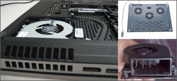 Collage of three images showcasing cooling components ideal for computer repair: a laptop with a visible cooling fan, a base with built-in fans, and a close-up of a small fan module. computer repair