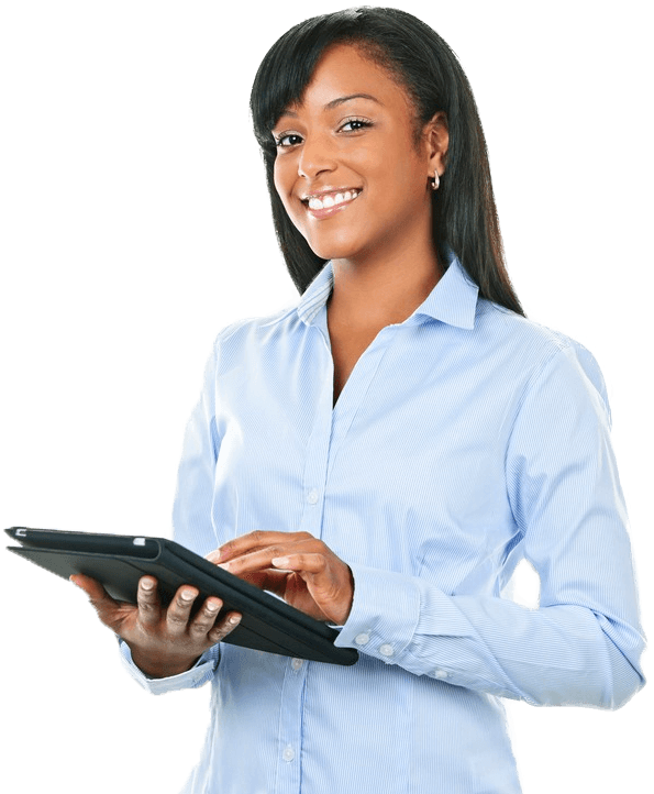 A woman in a light blue shirt is smiling and holding a tablet, perhaps after mastering computer repair. She has long, dark hair and is standing against a plain white background. computer repair