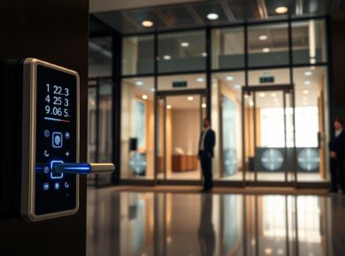 Access Control Systems 20 A modern office building lobby showcasing an advanced access control system. In the foreground, a sleek, touch-sensitive digital access panel with glowing indicators, positioned next to a high-tech, biometric fingerprint scanner. In the middle ground, smart glass doors with embedded security features, reflecting the contemporary architectural style, flanked by professional-looking individuals in business attire, waiting to enter the building. The background features a stylish, open space with soft, ambient lighting highlighting polished floors and minimalist decor. The atmosphere is secure and inviting, emphasizing efficiency and innovation in building security technology. The scene should be captured from a slightly low angle, providing depth and detail to the access control elements, without any text or watermarks.