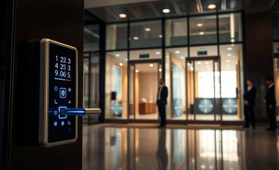 A modern office building lobby showcasing an advanced access control system. In the foreground, a sleek, touch-sensitive digital access panel with glowing indicators, positioned next to a high-tech, biometric fingerprint scanner. In the middle ground, smart glass doors with embedded security features, reflecting the contemporary architectural style, flanked by professional-looking individuals in business attire, waiting to enter the building. The background features a stylish, open space with soft, ambient lighting highlighting polished floors and minimalist decor. The atmosphere is secure and inviting, emphasizing efficiency and innovation in building security technology. The scene should be captured from a slightly low angle, providing depth and detail to the access control elements, without any text or watermarks.