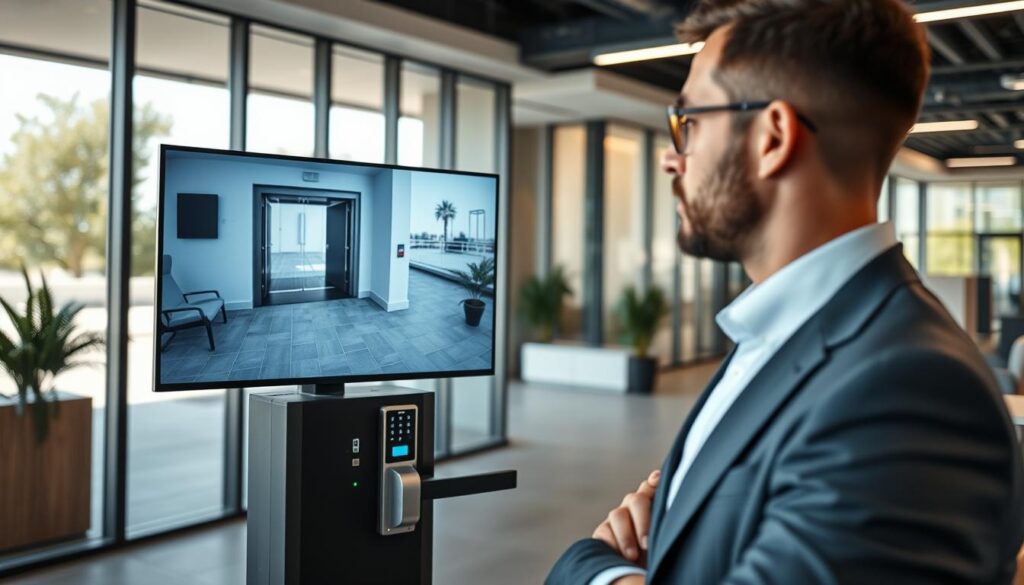 A modern office environment showcasing access control and entry monitoring benefits. In the foreground, a professional business analyst in smart attire reviews security footage on a sleek monitor, displaying a clear shot of a secure entrance. The middle ground features an advanced access control system with a digital keypad and biometric scanner, surrounded by clean lines and contemporary decor. In the background, large glass windows let in natural light, creating a bright and inviting atmosphere. The overall mood is security-focused and professional, emphasizing safety and efficiency in a high-tech workplace. The image should be sharp and well-lit, simulating a wide-angle perspective that captures the entirety of the scene.
