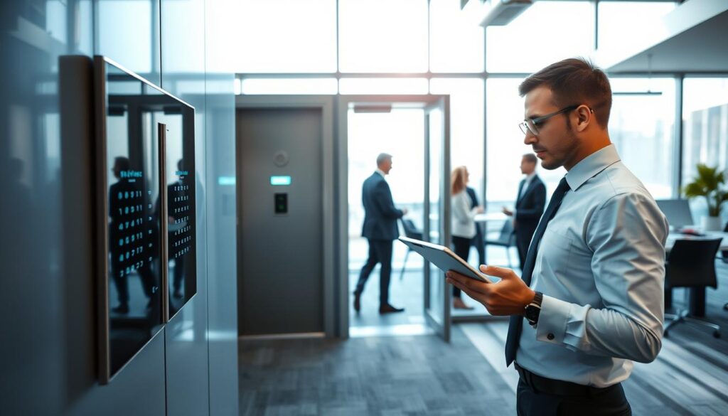 A modern office setting focused on ongoing access control maintenance. In the foreground, a professional technician in business attire inspects a high-tech access control panel, using a tablet to check system diagnostics. In the middle, a sleek access door with a biometric scanner can be seen, illuminated by soft, natural sunlight streaming in through large windows. In the background, a glass-walled conference area showcases a team discussing security protocols. The atmosphere feels professional and modern, with a cool color palette of blues and grays. The lighting should be bright but diffused, capturing a sense of clarity and reliability. Use a slightly angled perspective to emphasize the depth of the office space, highlighting the importance of access control in a contemporary work environment.