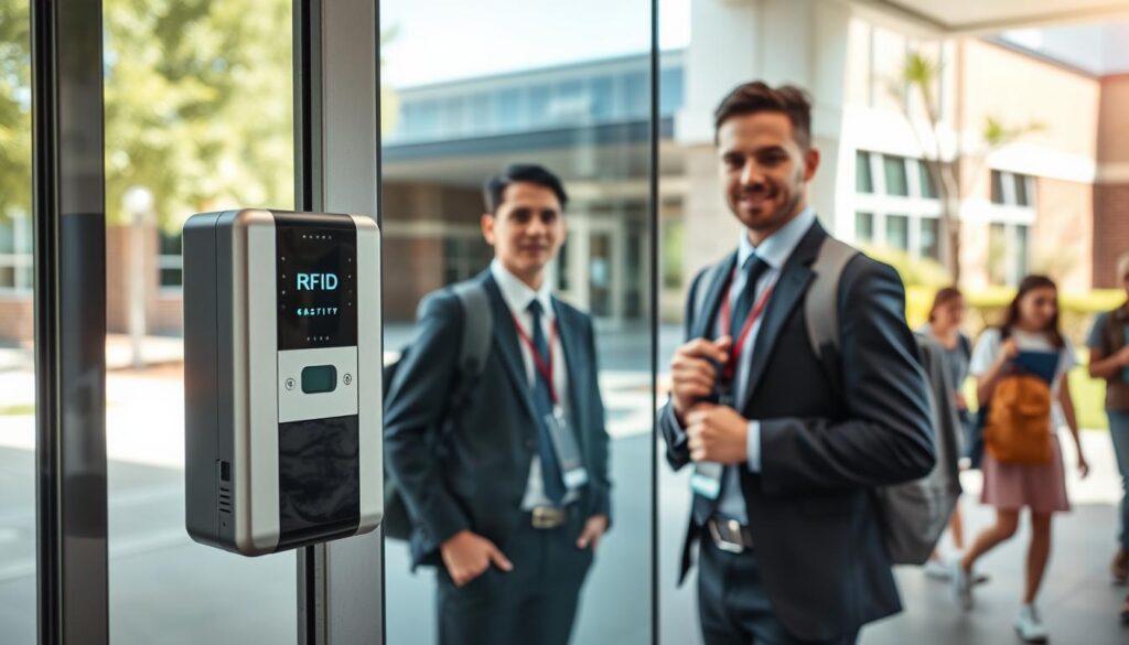 A modern school setting featuring a secure access control system at the entrance. In the foreground, a sleek RFID card reader mounted on a glass door, showing a bright LED indicator. In the middle, a professional security personnel in a smart uniform, scanning their ID badge, with an attentive expression, ready to assist visitors. The background showcases a well-maintained school facade with students walking by, some holding backpacks and tablets. Natural daylight floods the scene, enhancing the vibrant atmosphere of safety and professionalism. The image should have a slightly angled perspective to give depth, with a focus on the access control technology, conveying a sense of modern security measures in educational environments.