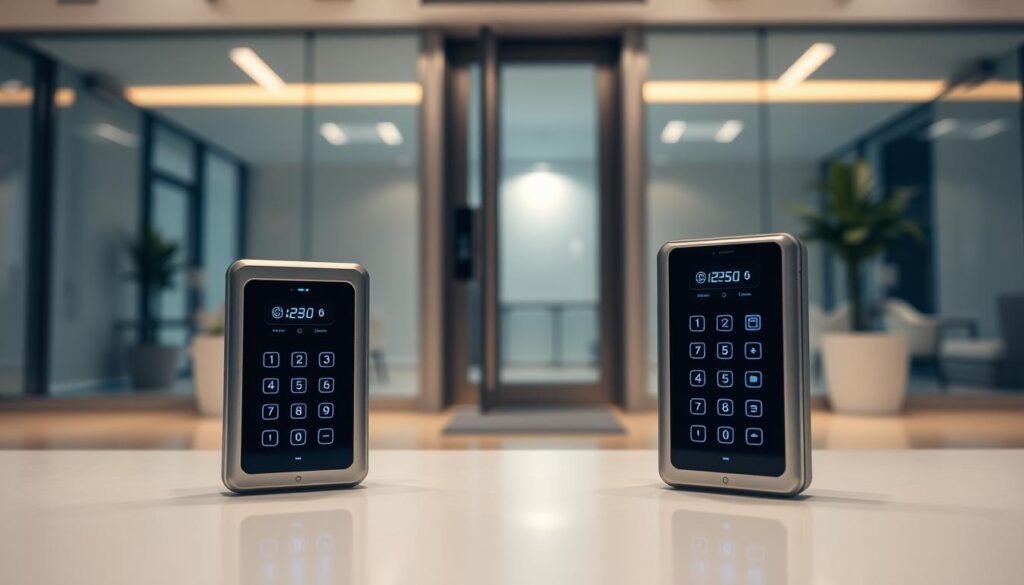 A sleek and modern access control system featuring door controllers prominently displayed in the foreground. The controllers have a metallic finish with illuminated buttons and digital displays, showcasing advanced technology. In the middle ground, a stylish, secure door with a glass panel reflects the high-tech environment. The background depicts a minimalist office space with soft ambient lighting, emphasizing professionalism. The scene is captured at a slight angle to highlight the features of the door controllers and their integration with the door. The overall mood is one of sophistication and security, illustrating the cutting-edge nature of modern access control systems.