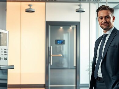 PC Evolution Now Offers Access Control 15 A sleek, modern office setting showcasing advanced access control and facility security technology. In the foreground, a professional businessperson wearing a tailored suit stands confidently next to a high-tech access control panel, which features biometric scanners and a digital display. The middle section reveals a glass door embedded with an advanced locking mechanism and sensors, with surveillance cameras discreetly positioned above for monitoring. The background features a minimalist design, illuminated by soft, natural lighting from large windows, creating an inviting yet secure atmosphere. The overall mood conveys innovation and security, emphasizing the cutting-edge evolution in PC access control technologies. The image is captured from a slightly elevated angle, providing a broad view of the integrated technology in a professional environment.