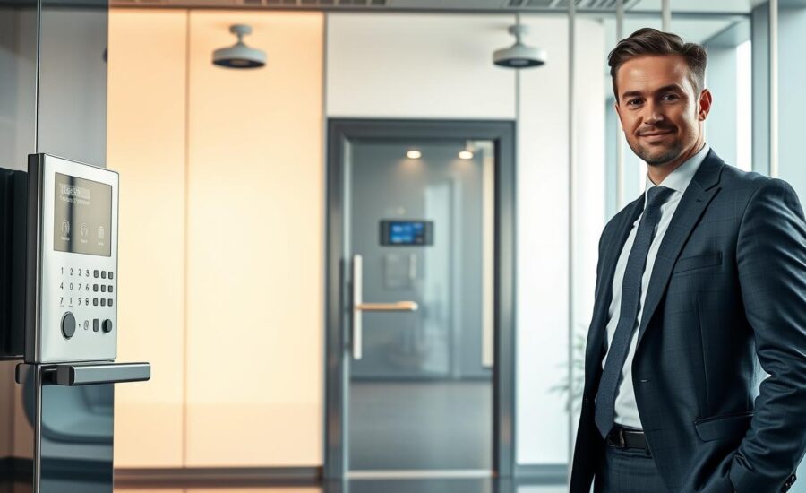 A sleek, modern office setting showcasing advanced access control and facility security technology. In the foreground, a professional businessperson wearing a tailored suit stands confidently next to a high-tech access control panel, which features biometric scanners and a digital display. The middle section reveals a glass door embedded with an advanced locking mechanism and sensors, with surveillance cameras discreetly positioned above for monitoring. The background features a minimalist design, illuminated by soft, natural lighting from large windows, creating an inviting yet secure atmosphere. The overall mood conveys innovation and security, emphasizing the cutting-edge evolution in PC access control technologies. The image is captured from a slightly elevated angle, providing a broad view of the integrated technology in a professional environment.