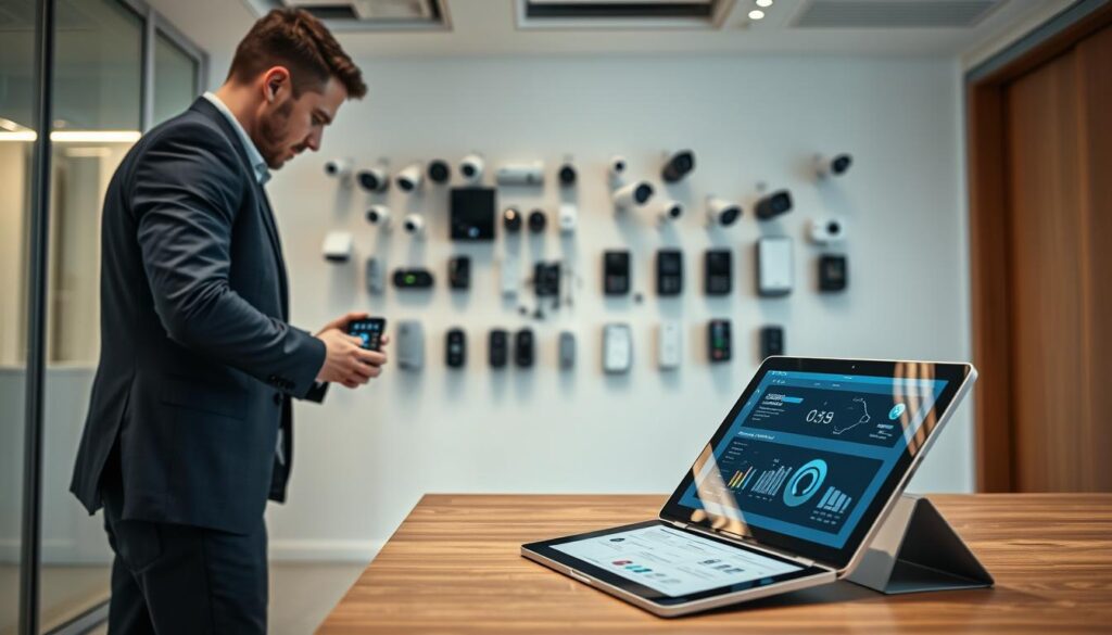 An access control installation scene set within a modern office environment. In the foreground, a technician in a professional business attire is carefully installing a sleek digital access control panel with LED lights, while a tablet lays open next to them displaying system integration software. In the middle ground, a wall displays a variety of security cameras and door readers, showcasing advanced technology and integration. The background features a well-lit office space with a large window, allowing natural light to illuminate the room, emphasizing a clean and organized atmosphere. The overall mood is professional and efficient, highlighting the importance of security and technology integration. The image is captured at a slight angle to provide depth and focus on the installation process.