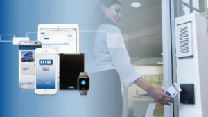 A modern access control platform and hardware setup in a sleek, high-tech environment. In the foreground, showcase a sophisticated digital access control panel with a touchscreen interface, illuminated with LED lights in varying colors. The middle layer features various access control hardware, including biometric readers, RFID scanners, and security cameras, all meticulously arranged on a polished desk. In the background, display an office space with blurred outlines of locks and security features integrated into the design. Soft, ambient lighting fills the room, casting gentle shadows that enhance the modern atmosphere. The angle should be slightly elevated to capture the depth of the setup, while evoking a sense of security and technological advancement, ideal for a professional article on access control systems. Mobile Access Device Woman Unlocking Door 1600x900 1